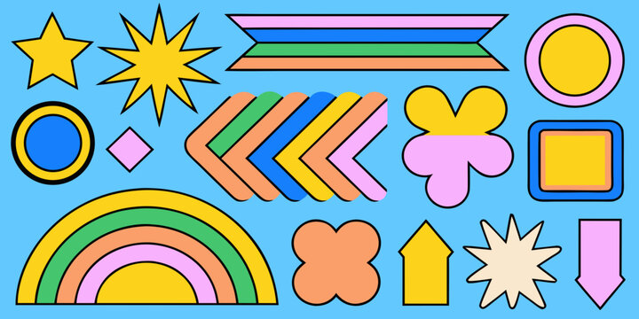 Colorful geometric shapes and icons in a 1990s clip art style on a blue background