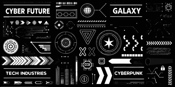 cyberpunk tech elements collection futuristic interface icons and geometric shapes in black and white