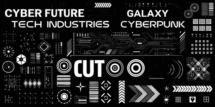 Cyberpunk graphic elements collection bold white shapes on black background