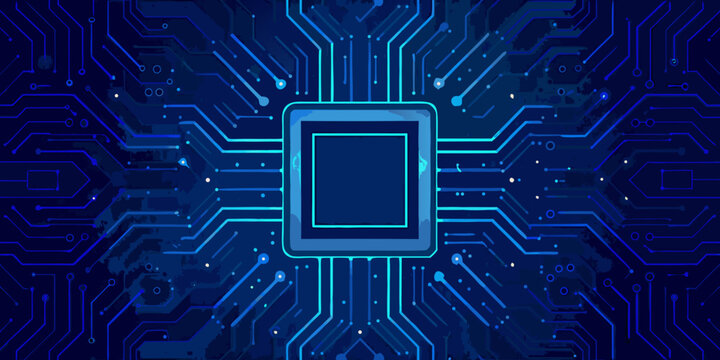 blue circuit board pattern with central square microchip digital technology background