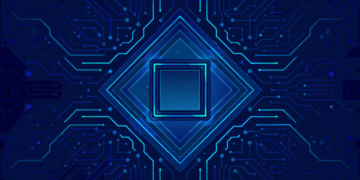 abstract circuit board pattern with central square microchip glowing blue technology background