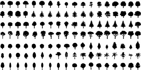 Collection of black tree silhouettes on a white background various shapes and species © PabanBiswas
