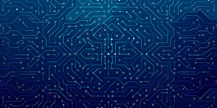 abstract blue circuit board pattern with interconnected lines and glowing nodes
