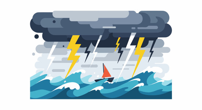 A solitary sailboat navigates rough, stormy seas under a dark, lightning-filled sky