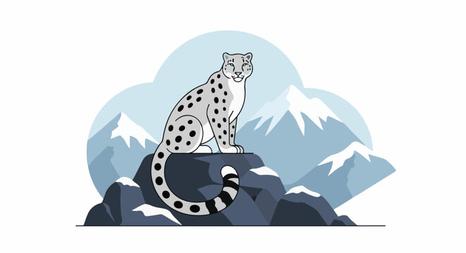 A spotted snow leopard sits majestically on a rocky perch in front of snow-capped mountains