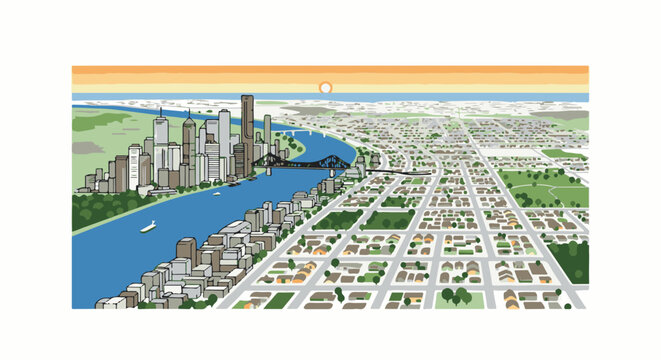 A sprawling cityscape and suburban sprawl meet a wide river under a sunset