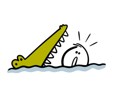 Terrible predator, huge crocodile  opened mouth with sharp teeth and wants to swallow poor man. Vector illustration of  man swimming and escaping from his pursuer. Unexpected encounter with monster.