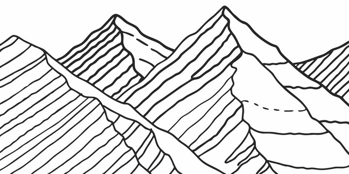 mountain range illustration with cross hatching and diagonal line work on a white background