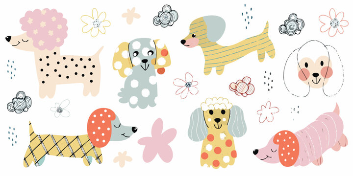 hand drawn dog breeds collection with floral elements on a white background