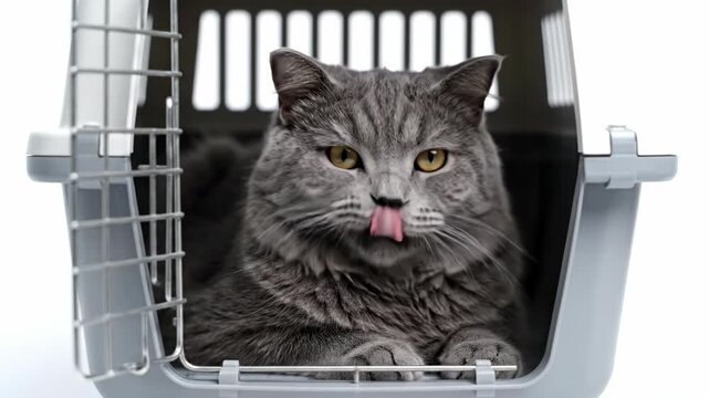 Grumpy Gray Cat Sitting Inside a Pet Carrier Looking Out.