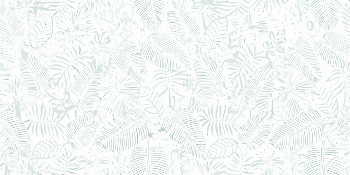 seamless repeating pattern of delicate mint green tropical leaves on white background