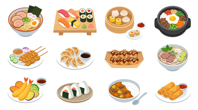A vibrant collection of delicious Asian food dishes including sushi, ramen, dumplings, and more, showcasing diverse culinary traditions