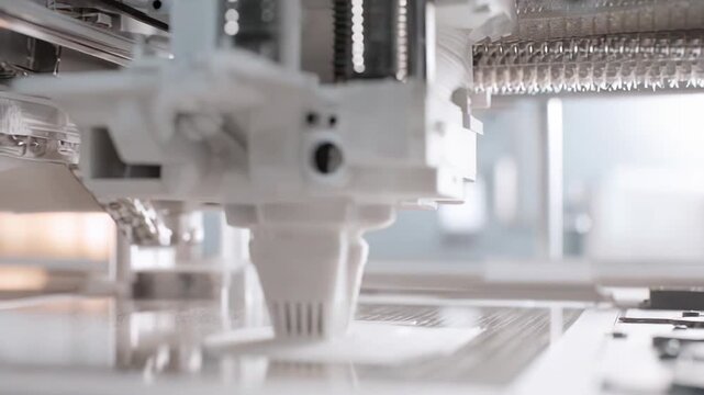 3d printer print head extruding material onto a platform, building a complex object layer by layer, representing advanced industrial technology and rapid prototyping innovation
