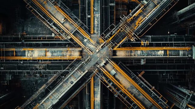 Complex industrial infrastructure creating a cross structure aerial view, showcasing metal beams, conduits, and technology elements forming a precise symmetrical pattern