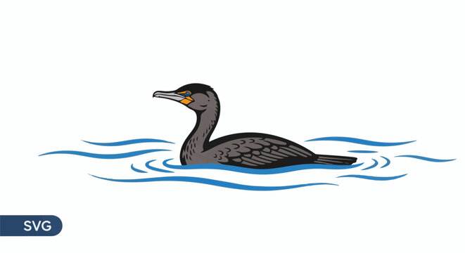 A stylized cormorant bird swims in blue wavy water with a white background