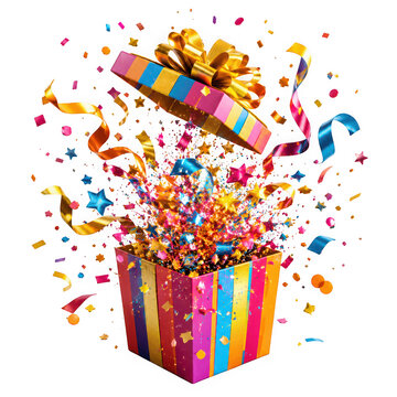 Colorful gift box opening with exploding confetti ribbons and stars on isolated on transparent background