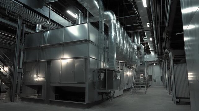 Large industrial hvac system with extensive silver ductwork and pipes running through a modern warehouse interior, supporting ventilation, heating, cooling and facility air regulation