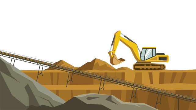 A large yellow excavator operates within a deep quarry excavation site near a long industrial conveyor belt system against a clear white sky in a detailed vector illustration.