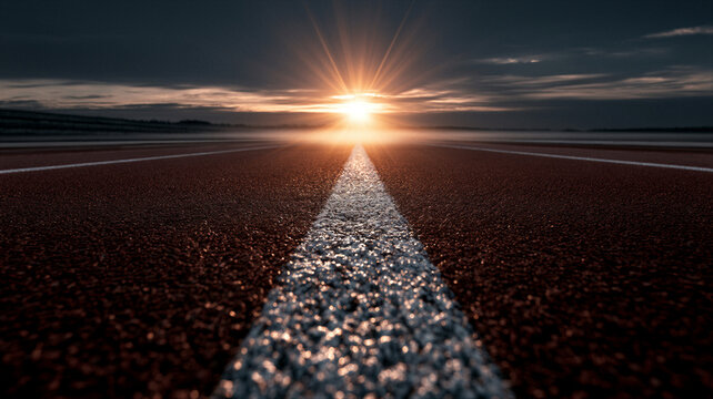Vibrant red track in perspective stretching into misty dawn. Cinematic golden light meets cool sky, evoking hope. Generous copy space for sports or PSA campaigns. Pristine 8K HDR commercial...