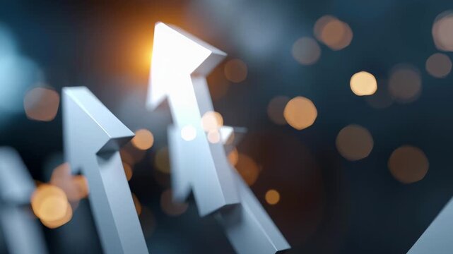 White arrows rise against a dark, blurred background. Golden bokeh lights glow softly behind the arrows. Focused arrow shines brightly, guiding direction forward. No people, animals,