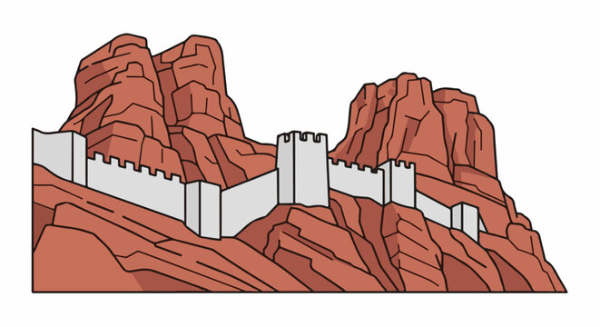 A stylized illustration of a stone fortification winding through red rocky terrain