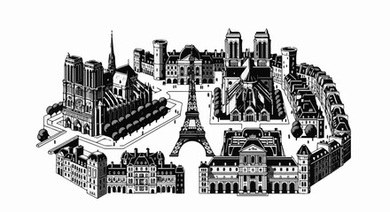 Fototapeta premium A stylized isometric depiction of Paris landmarks and Parisian architecture