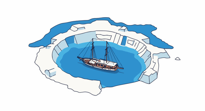 A two-masted sailing vessel navigates a pool of icy blue water surrounded by ice formations