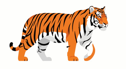 Fototapeta premium A stylized tiger with orange, black, and white stripes walks to the right