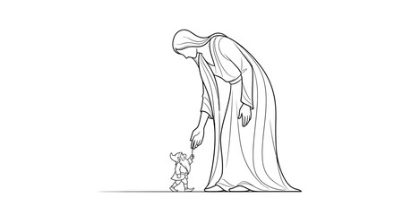 Obraz premium Giant Woman Reaching Down to Tiny Gnome, Fairy Tale Illustration