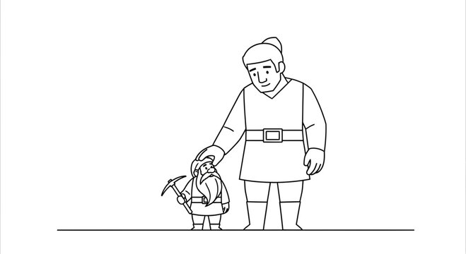 Giant man pats head of small miner with pickaxe, friendship and diversity concept