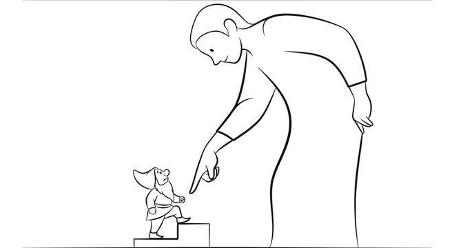 Giant points finger at tiny gnome on stairs, concept of power, control, or guidance