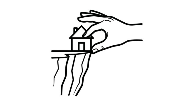Hand holding house on the edge of a cliff, risk and precariousness in real estate