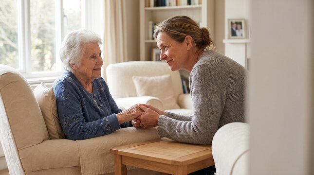 Compassionate caregiver supporting elderly woman with dementia during home care companionship visit