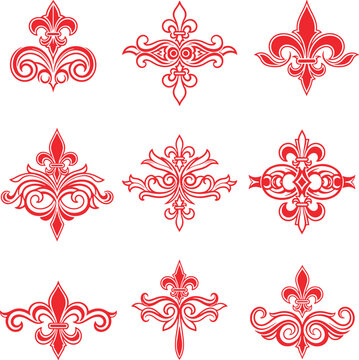 Vintage Ornamental Flourish and Infinity Symbol Set with Fleur de Lis for Wedding and Luxury Stationery Vector Design red coller