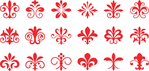 Vintage fleur de lis vector icons set, royal lily heraldic symbols collection, RED COLLER ornamental floral emblems for luxury branding and crest design © MSTNAZRIN