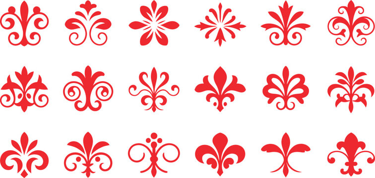 Vintage fleur de lis vector icons set, royal lily heraldic symbols collection, RED COLLER ornamental floral emblems for luxury branding and crest design