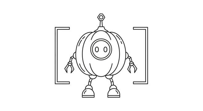 Cute cartoon robot pumpkin character with camera frame, vector illustration