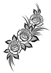 Fototapeta premium Elegant Black and White Rose Flower Tattoo Design Illustration with Leaves and Swirls for Decorative Art