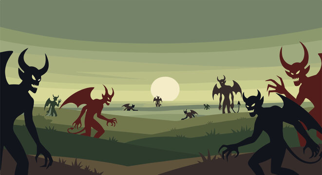 A surreal landscape features silhouetted winged demonic figures under a hazy sun