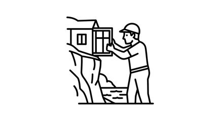 Naklejka premium Construction worker installing window on cliffside house, remote building project