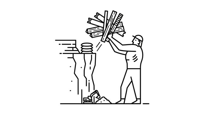 Construction worker carrying wood logs and bricks on a cliff, industrial work concept