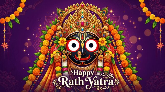 Artistic shot of the face of Lord Jagannath in bright eyes and crown with garlands of marigolds around, text Happy Rath Yatra in beautiful typeface, shining divinity and celebratory atmosphere; this