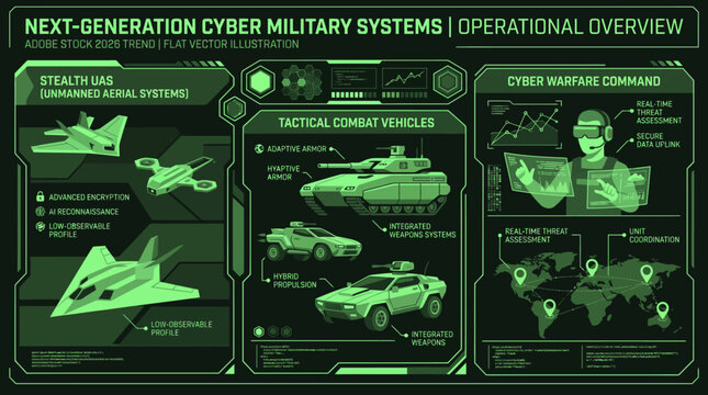 Next Generation Cyber Military Systems Infographic Vector Illustration with Cyber Warfare Command Screen, Drone UAS, and Tactical Vehicles