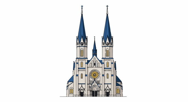 A symmetrical church facade with two tall spires and a central spire