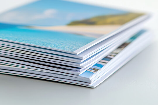Beautiful stack of brochures showcasing stunning beach landscapes, vibrant colors, and inviting scenery. Perfect for travel inspiration