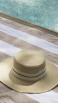 Vertical video: Capturing woven straw hat resting on striped towel by pool, sunlight shifting