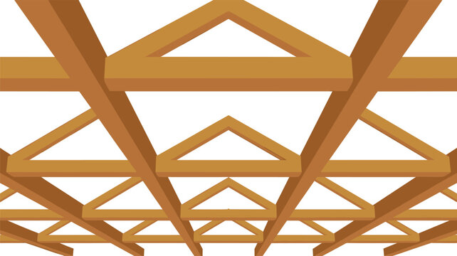 A repeating lattice of light brown wooden triangular roof trusses is arranged in a geometric grid pattern against a clean white background in a balanced architectural display.