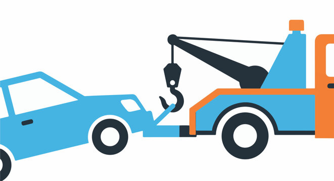 A tow truck is lifting a blue car with its hook