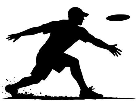 Dynamic vector silhouette of a male ultimate frisbee player lunging forward to throw or catch a flying disc, featuring high-contrast clean lines and dramatic dirt splatters