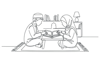 Fototapeta premium Children studying together with an open book on a small table isolated on transparent background, Vector Eid al-Adha silhouette one line art design